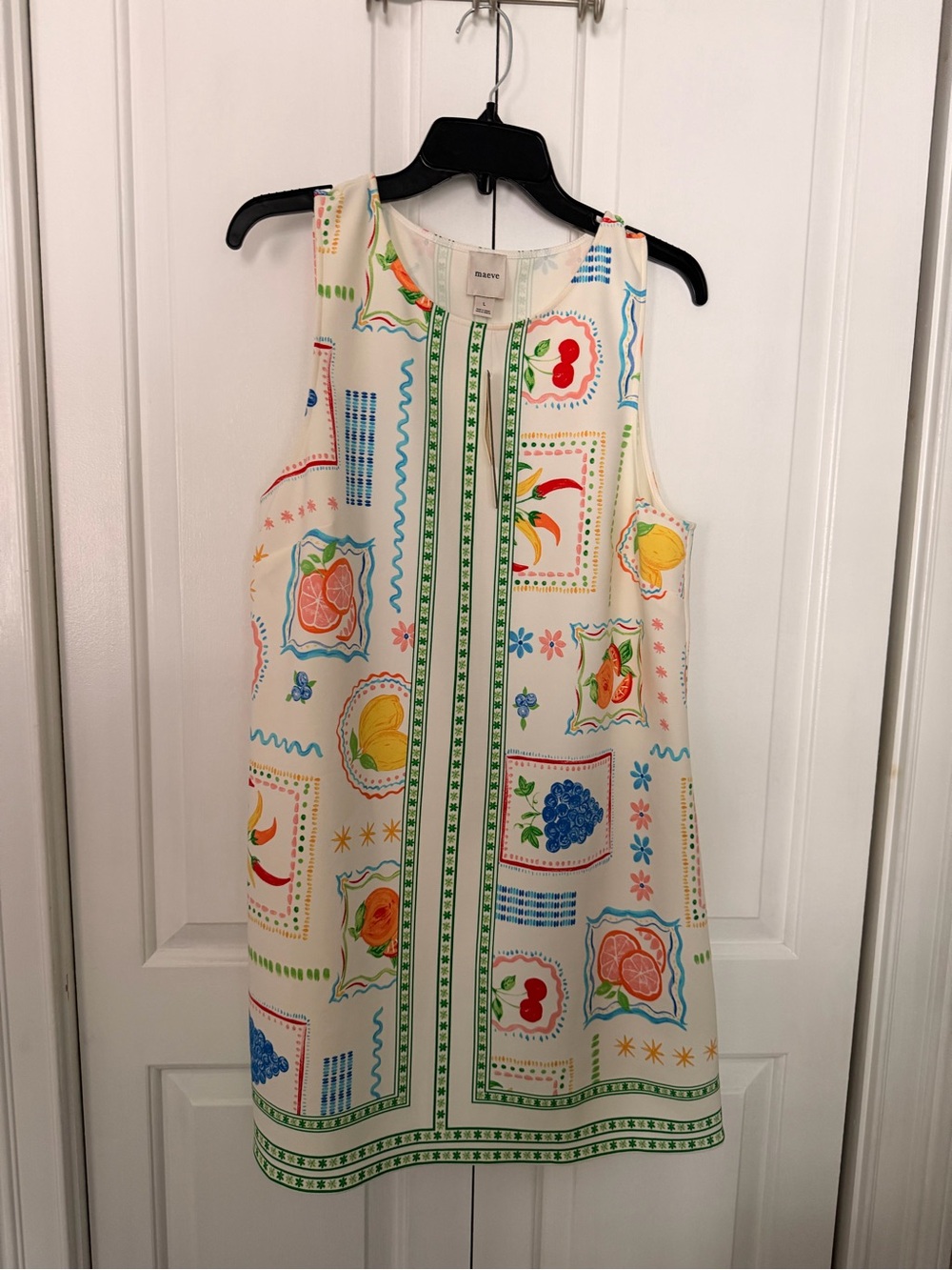 Maeve White Midi Dress with Multicolor Fruit & Border Print